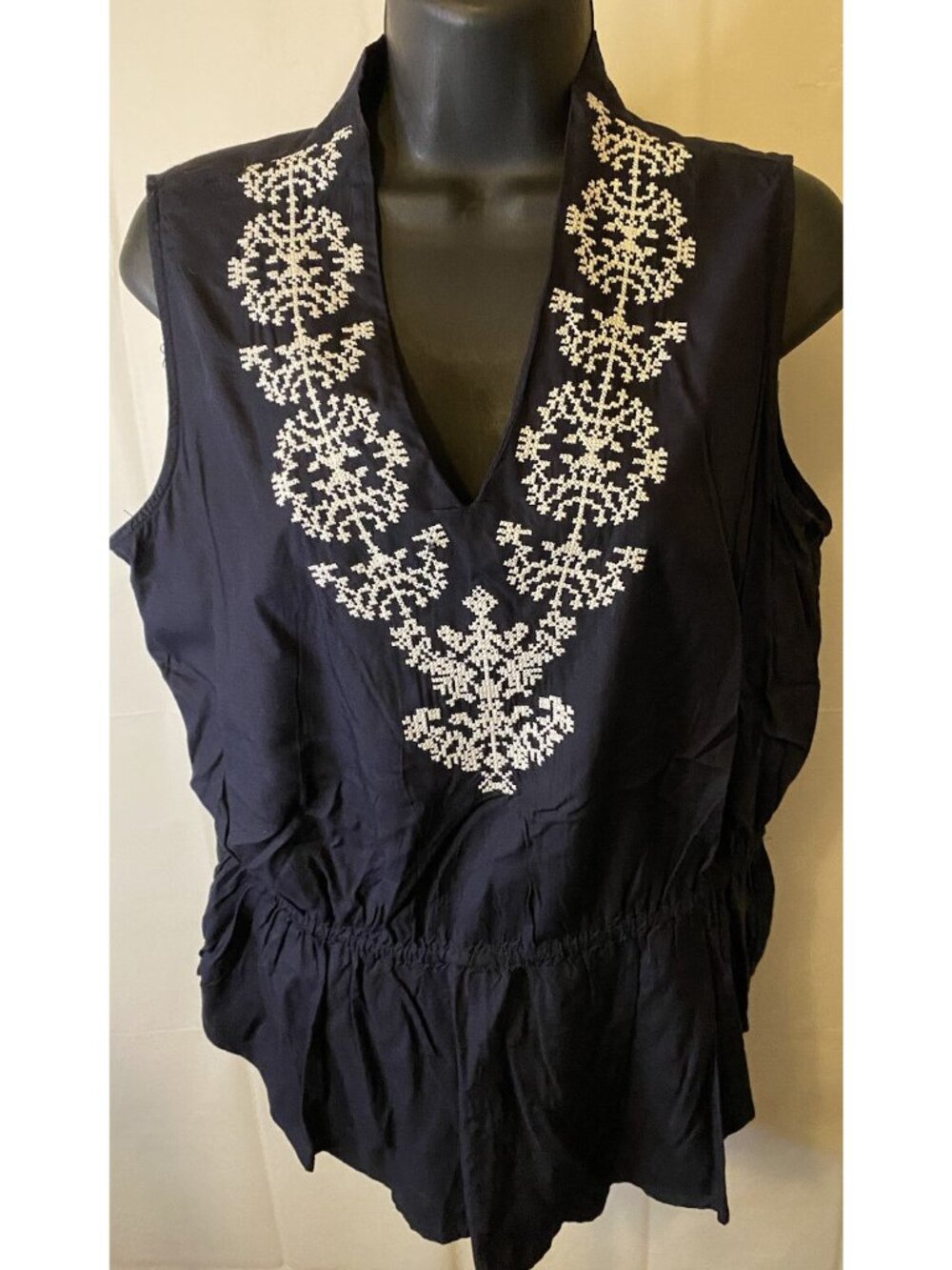 Liz Claiborne Blouse Sleeveless Top Women Medium Embroidered Oversized Navy Boho